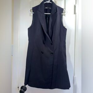 Zara Black Double-breasted Sleeveless With Ruffles Dress